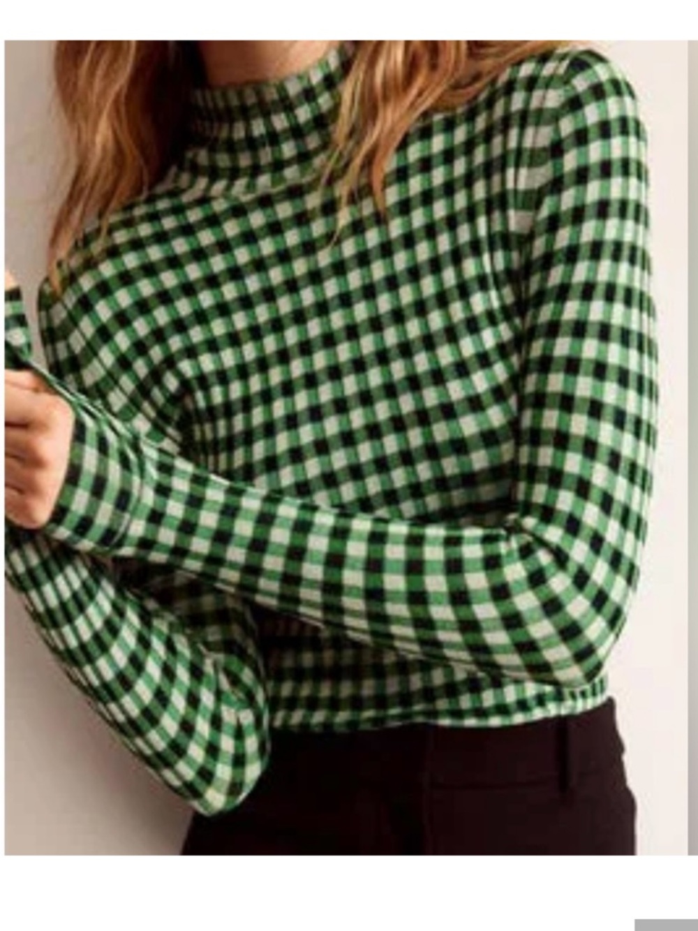 Boden Green Gingham Long Sleeve Mock Neck Top